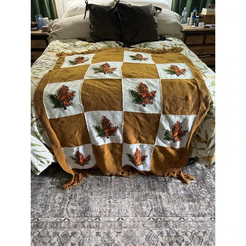 Hand-made Vintage Knitted Fall Colors Maple Leaf  Afghan Throw 65